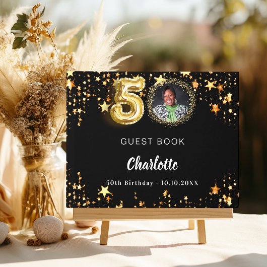 50. Geburtstag Schwarzes Gold-Sterne-Foto Gästebuch
