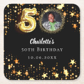 50. Geburtstag Schwarzes Gold Sterne Foto Rechteckiger Pappuntersetzer (Vorderseite)