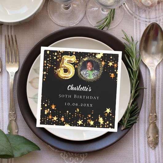 50. Geburtstag Schwarzes Gold Sterne Foto Serviette