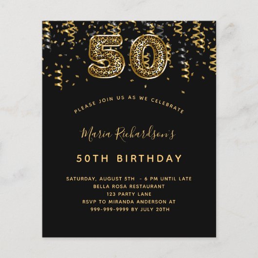 50. Geburtstag schwarzes Goldleopard-Party (Vorderseite)