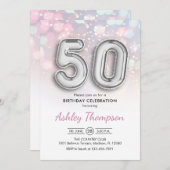 50. Geburtstag - Silberballons Rosa Lichter Einladung (Vorne/Hinten)