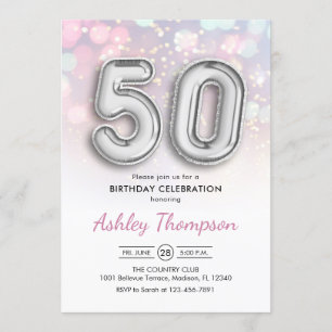 50. Geburtstag - Silberballons Rosa Lichter Einladung