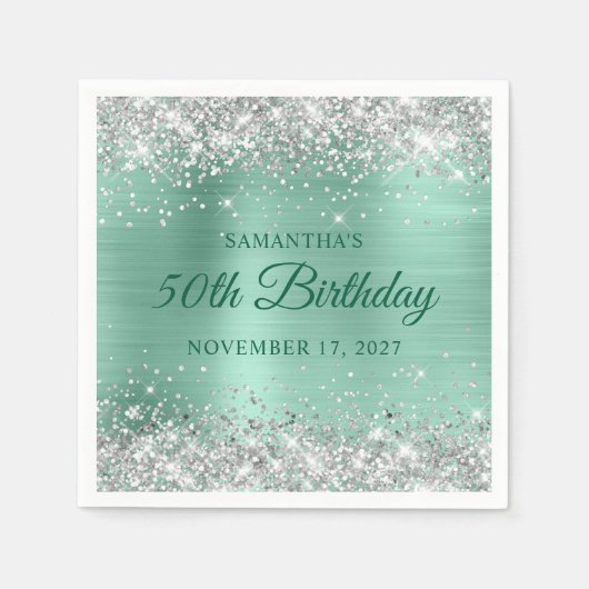 50. Geburtstag Silberner Glitzer Aquamariner Film Serviette (Vorderseite)