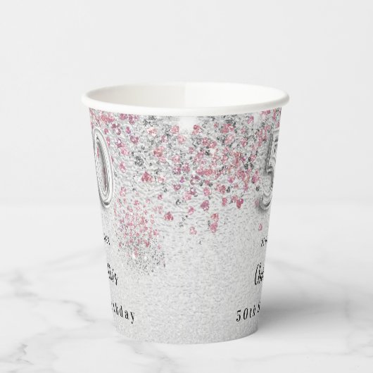 50. Geburtstag Silberrosa Glitzer Pappbecher (Links)