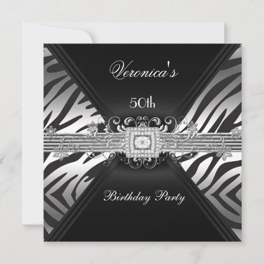 50. Geburtstag Silver Black Zebra Diamond Image Einladung (Vorderseite)
