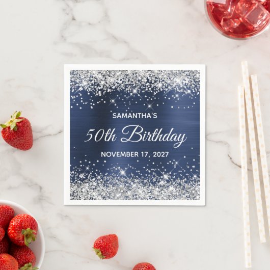50. Geburtstag Silver Glitzer Navy Blue Foil Serviette (Beispiel)