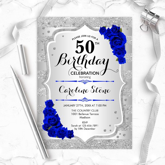 50. Geburtstag - Silver Stripes Royal Blue Rose Einladung