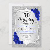 50. Geburtstag - Silver Stripes Royal Blue Rose Einladung (Vorderseite)