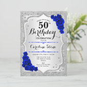 50. Geburtstag - Silver Stripes Royal Blue Rose Einladung (Stehend Vorderseite)