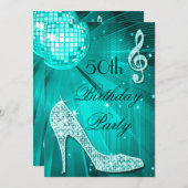 50. Geburtstag Sparkle Heels und Aquamariner Disko Einladung (Vorne/Hinten)