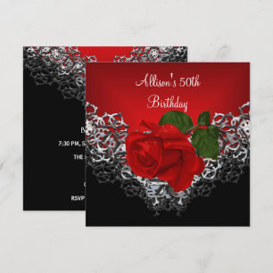 50. Geburtstag Spitze Schwarz Silber Tiefrote Rose Einladung