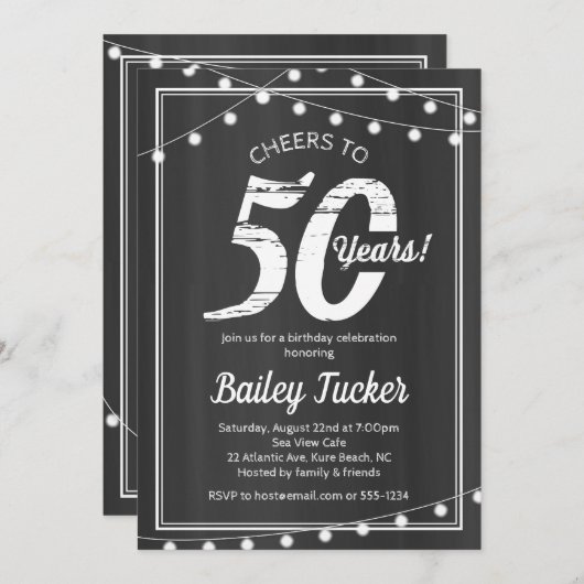 50. Geburtstag Streichlichter auf Chalkboard Einladung (Vorne/Hinten)