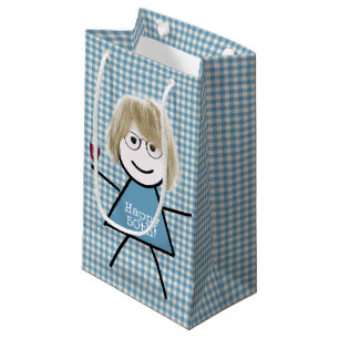 50. Geburtstag Strichfigur-Mädchen auf Gingham mit Kleine Geschenktüte