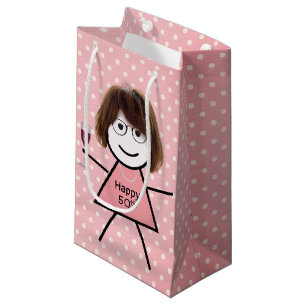 50. Geburtstag Strichfigur-Mädchen auf Polka Dots Kleine Geschenktüte
