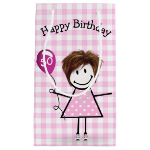 50. Geburtstag Strichfigur-Mädchen mit Pink Balloo Kleine Geschenktüte