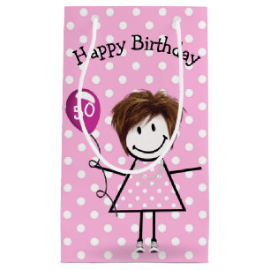 50. Geburtstag Strichfigur-Mädchen mit Pink Balloo Kleine Geschenktüte