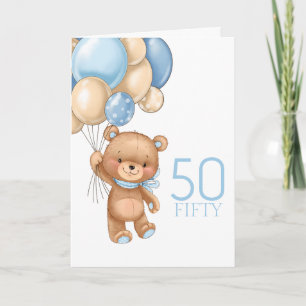 50. Geburtstag süße blaue Luftballons Junge Teddy Karte