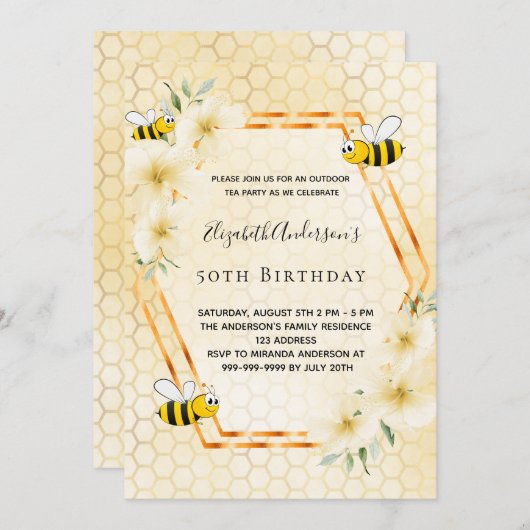 50. Geburtstag Tee Party Honigwabenbäume Einladung (Vorne/Hinten)
