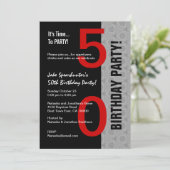 50. Geburtstag Teil Modernes Rotes Silber Schwarz Einladung (Stehend Vorderseite)