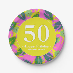 50. Geburtstag tropisch gelbe farbenfrohe  Aufkleb Pappteller
