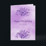 50. Geburtstag violette Blume Karte<br><div class="desc">vorne: Weiche Pastellfarben ultra violett,  ombre Hintergrund. Mit lila wasserfarbenen Blume. Lila handgeschriebene Schrift,  Briefe und der Text: Happy 50. Geburtstag. Vorlage für einen Namen,  lila Buchstaben. Innen: violetter Hintergrund und eine Blume auf beiden Seiten. Platz,  an dem du mit der Hand schreiben kannst. Zurück: violette Blumen.</div>