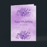 50. Geburtstag violette Blume Karte<br><div class="desc">vorne: Weiche Pastellfarben ultra violett,  ombre Hintergrund. Mit lila wasserfarbenen Blume. Lila handgeschriebene Schrift,  Briefe und der Text: Happy 50. Geburtstag. Vorlage für einen Namen,  lila Buchstaben. Innen: violetter Hintergrund und eine Blume auf beiden Seiten. Platz,  an dem du mit der Hand schreiben kannst. Zurück: violette Blumen.</div>