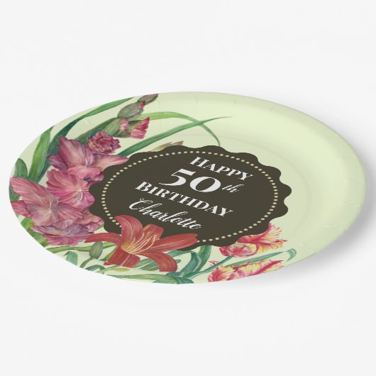 50. Geburtstag warme Blütenblütenblüte Pappteller (Schrägansicht)