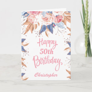 50. Geburtstag Wasserfarbe Botanisches Pink Floral Karte