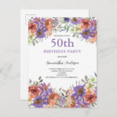 50. Geburtstag Wasserfarbenflora Einladungspostkarte (Vorne/Hinten)