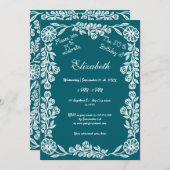 50. Geburtstag Weiß & Dunkel Aquamarine botanische Einladung (Vorne/Hinten)