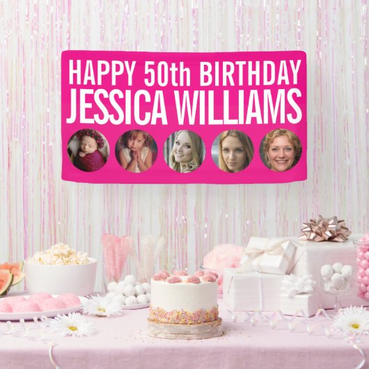 50. Geburtstag weiß pink 5 Foto Kreise Banner (Party)