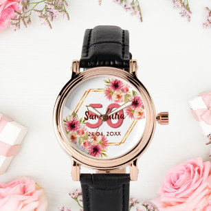 50. Geburtstag weiß rosa Blütengold geometrisch Armbanduhr