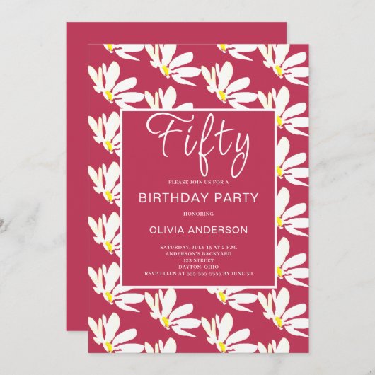 50. Geburtstag Weißer Blumenstrauß Einladung (Vorne/Hinten)