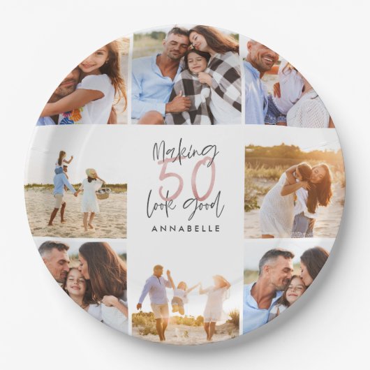 50. Geburtstag weißer Girly Glitzer Foto Collage Pappteller (Vorderseite)