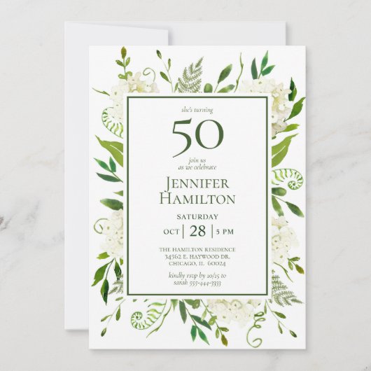 50. Geburtstag Weißer Hydrangeas Einladung (Vorderseite)
