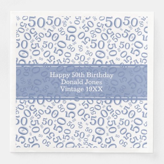 50. Geburtstag Zahlenmuster Blau/Weiß Serviette (Vorderseite)