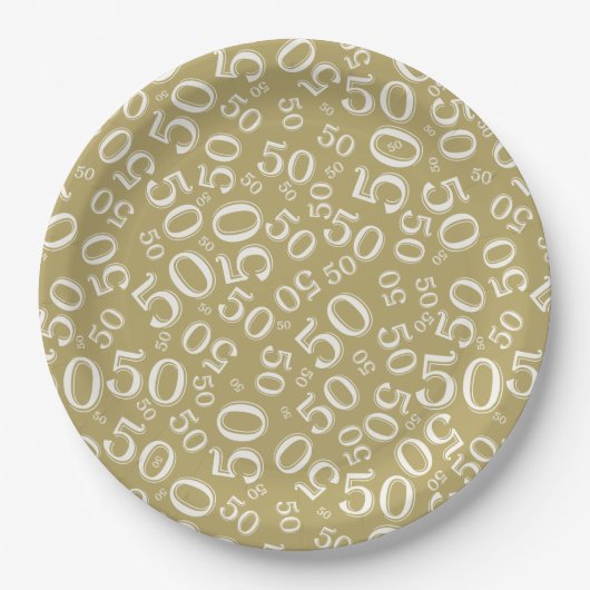 50. Geburtstag Zahlenmuster Gold/Weiß Pappteller (Vorderseite)