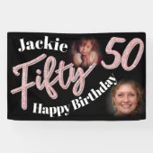 50. Geburtstag zwei Foto Skript-Rose pink Banner (Horizontal)