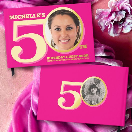 50. Geburtstag zwei Fotos heiß rosa Gold Gästebuch
