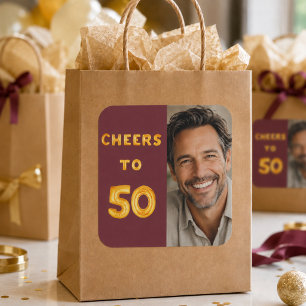 50. Geburtstags Cheers 50 Burgund Gold Foto Quadratischer Aufkleber
