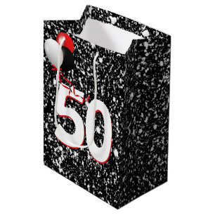 50. Geburtstagsballons auf dem Schwarzen Glitzer Mittlere Geschenktüte