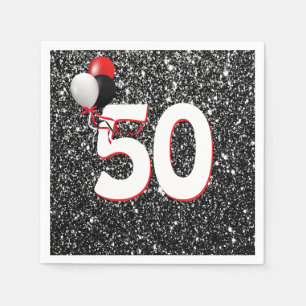 50. Geburtstagsballons auf dem Schwarzen Glitzer N Serviette
