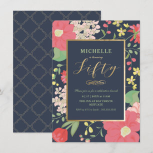 50. Geburtstagseinladung - Gold, elegante Blume Einladung