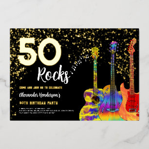 50. Geburtstagsfeier 50 Rocks Gitarre Gold Glitter Folieneinladung