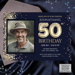 50. Geburtstagsfeier Blau Gold Glitter Einladung