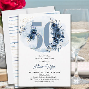 50. Geburtstagsfeier Coastal Blue Floral Nummer 50 Einladung