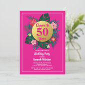 50. Geburtstagsfeier Einladung tropisch rosa (Stehend Vorderseite)