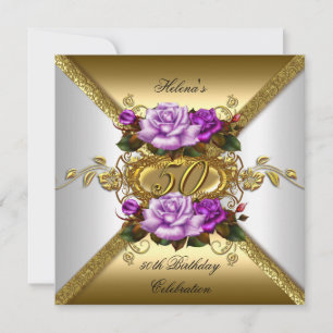 50. Geburtstagsfeier Elegante Rosen Lila Gold Einladung