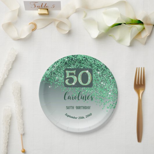 50. Geburtstagsfeier Funkeln Grün Glitter Pappteller (Hochzeit)