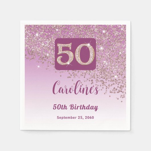 50. Geburtstagsfeier Funkelnde Roségold Glitter Serviette (Vorderseite)
